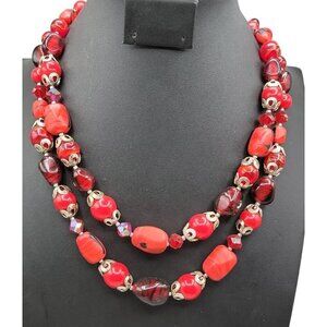 Japan Double Strand Necklace Multi-Color Red Glass Bead Flower Clasp 19" Vintage